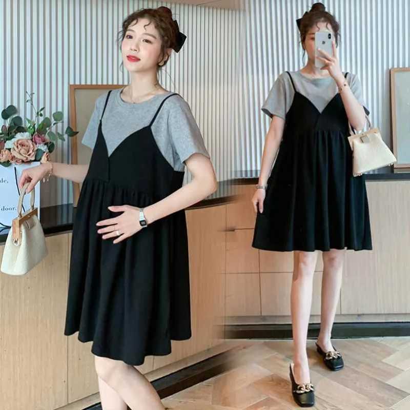Summer Maternity New Fashion Casual Dresses Summer Mid-Length Maternity Tops Loose False Two-Piece Short-Sleeved Halter DressesT250311
