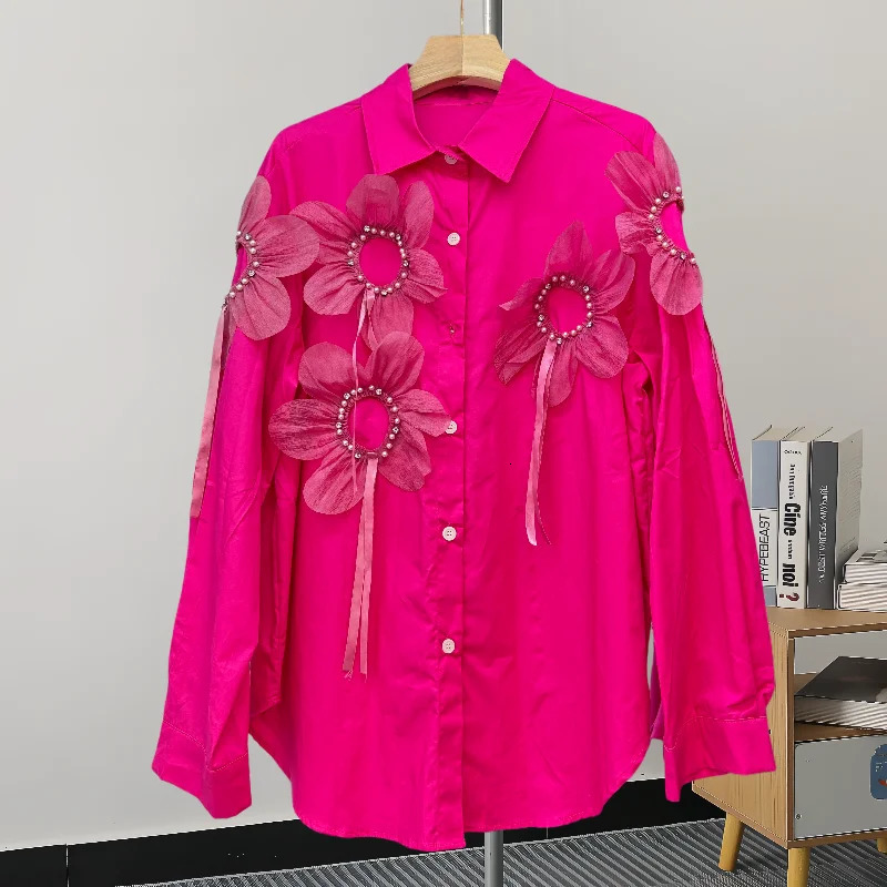 EuropeanClothesLooseBlouseSexyCardiganVintage singleBreasted3D flowerWomenShirtLong SleeveCasualTops41269 250311