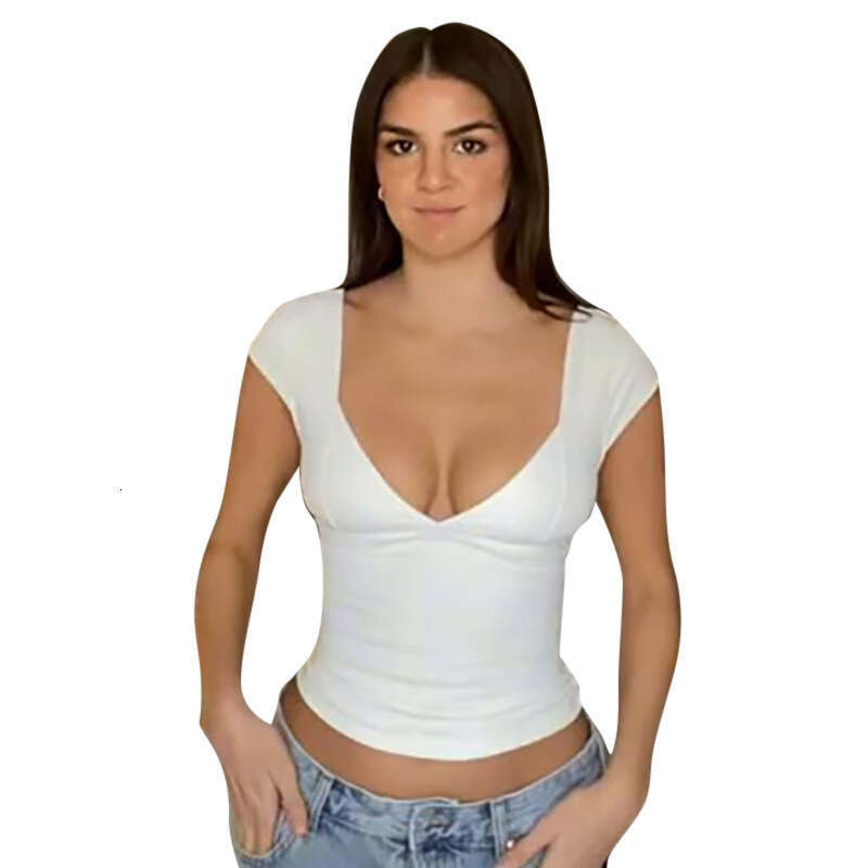 X22TP562 European American women's spring and summer solid color low cut round neck short sleeved top 2025 new item casual versatile fashion clot