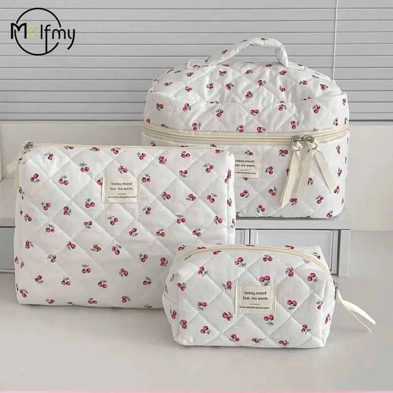 Cherry Makeup Bag Womens Cosmetic Bags Fashion Portable Cute Travel Storage Pouch Handbag Cotton Quilted Zipper Purse 250311