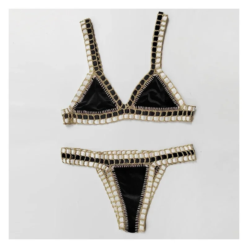 Women Black Velvet Crochet Bikini Set Sexy Triangle Swimwear Unique Bathing Suit Cute Swimsuit Fashion Beachwear Swimsuit 250310