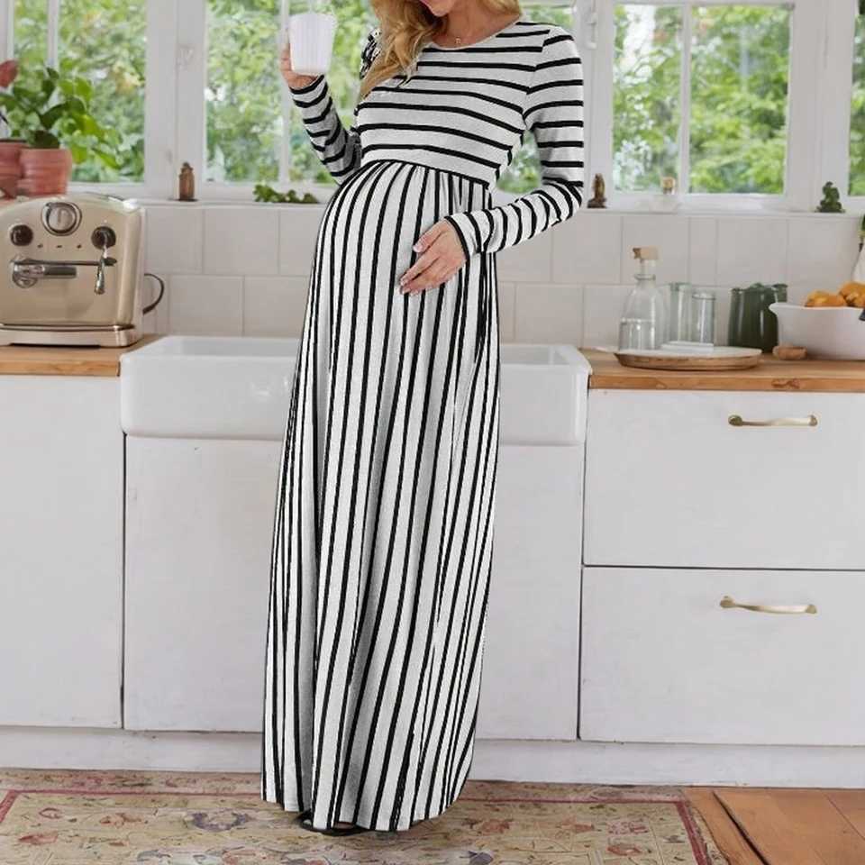 New Maternity Dresses Women 2024 Autumn Winter Long Dress Pregnancy Clothing Fashion Striped Round Neck Pregnant Maxi DressT250311