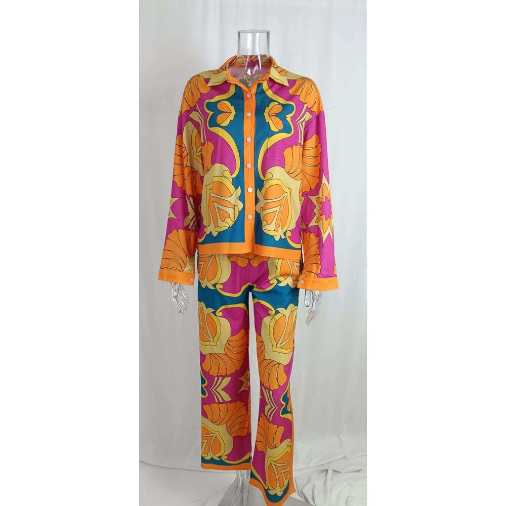Women's Loose Printed Long Sleeved Shirt With Ethnic Style Casual Fashion Set Sampg KLMY