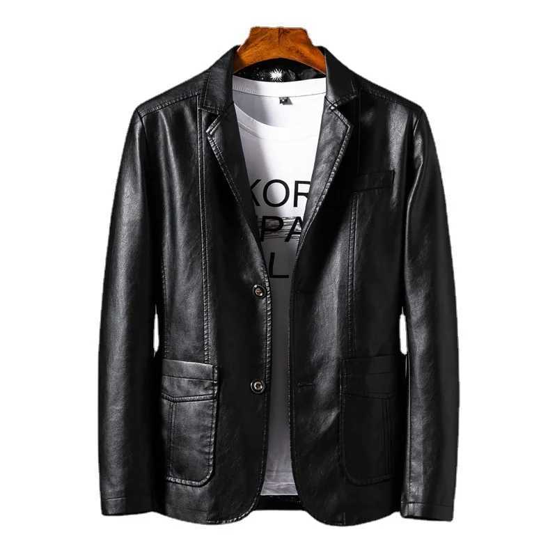 Autumn Winter New Solid Color Fashion Tailored Collar Leather Clothing Man High Street Casual Button Patchwork Pockets OutwearT250311