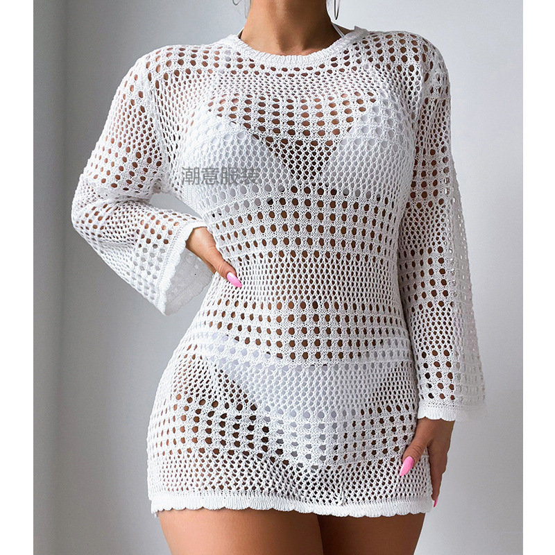 New Vacation And Leisure Hollow Long Sleeve Pullover Solid Color Fashion Sunscreen Shirt Mid Length Beach Cover