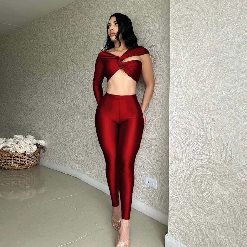 Fall New The Navel Exposed Design Sense Single Sleeve Top+Thin Slim Pants Casual Set Elegant Lady Party For Woman