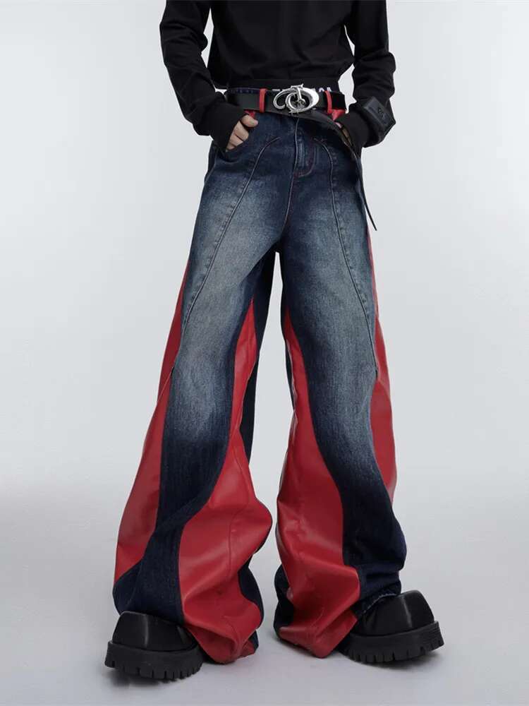 2025 New Product Launch Y2K Street Wear Red Pu Leather Patch Loose Jeans Men s Pants Fashion Designer Wide Leg Loose Casual Pants Cowboy Pants Hip Hop