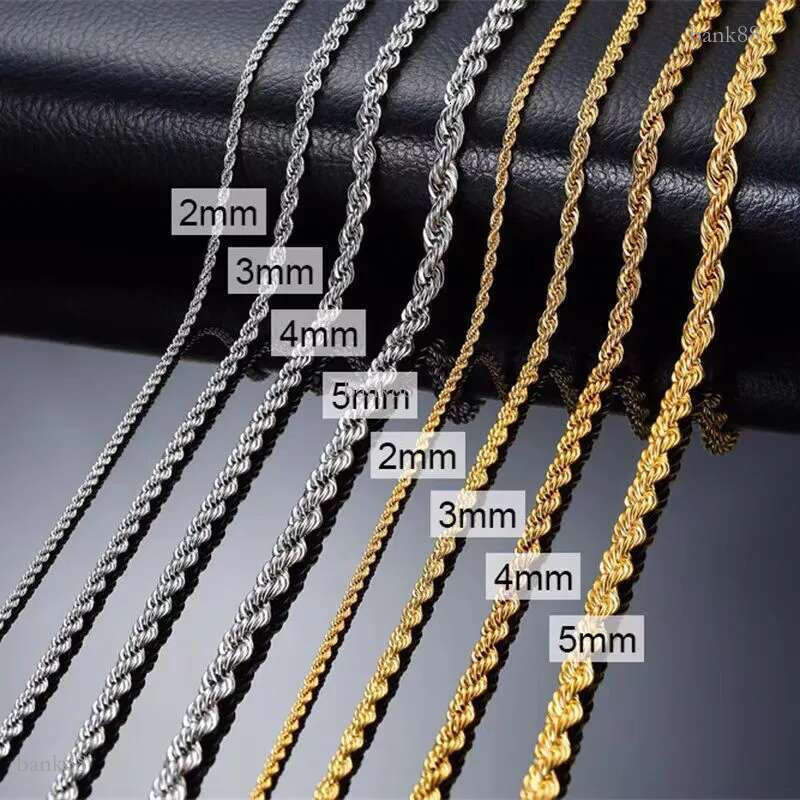 Mens Ropes Long Necklace Stainless Steel Minimalist Twist Rope Chain Hip Hop Jewelry Gold Chains 2 TO 5mm Width
