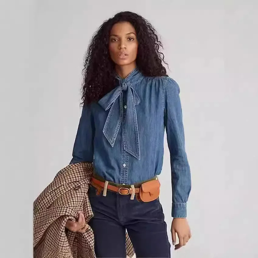 casual denim shirt with scarf neckline long sleeve lapel womens from Chinese Mainland fashionable and comfortable 250311