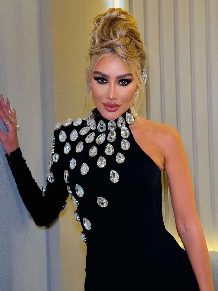 Women Celebrity Sexy Single Sleeve Rhie Black Maxi Long Bodycon Bandage 2023 Elegant Evening Club Party Dress