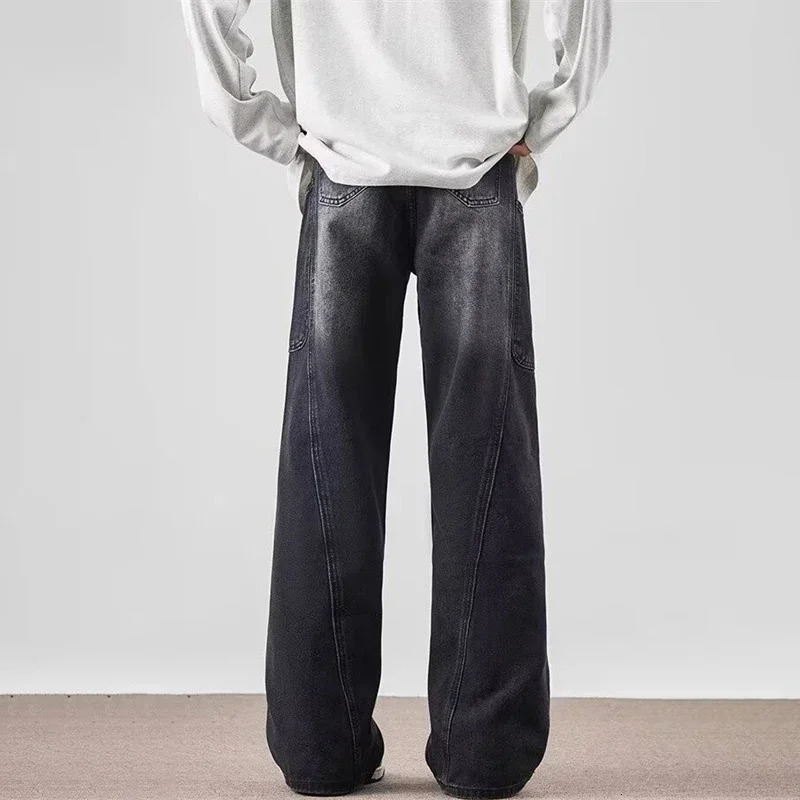 Spring Mens Vintage MultiPocket Cargo Jeans Y2K Distressed Baggy Denim Pants High Street Straight Wide Leg Jean 250311