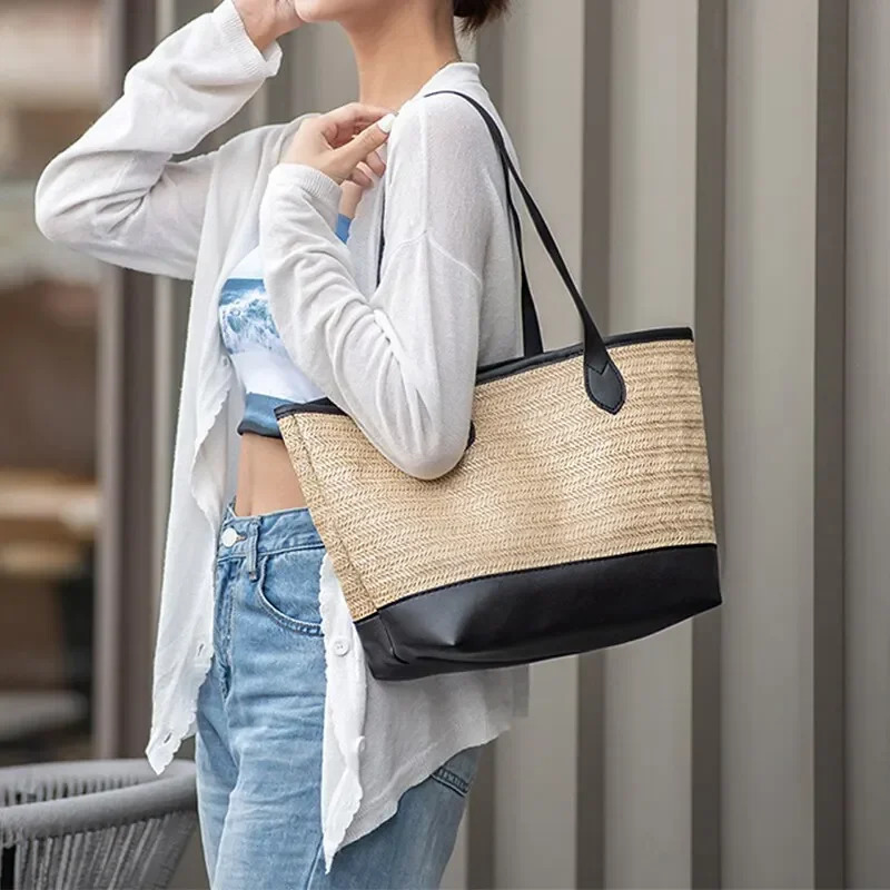 Fashion Simple Underarm Package Versatile Straw Braid Color Clash Large Capacity Casual Single Shoulder Tote Bag 250311
