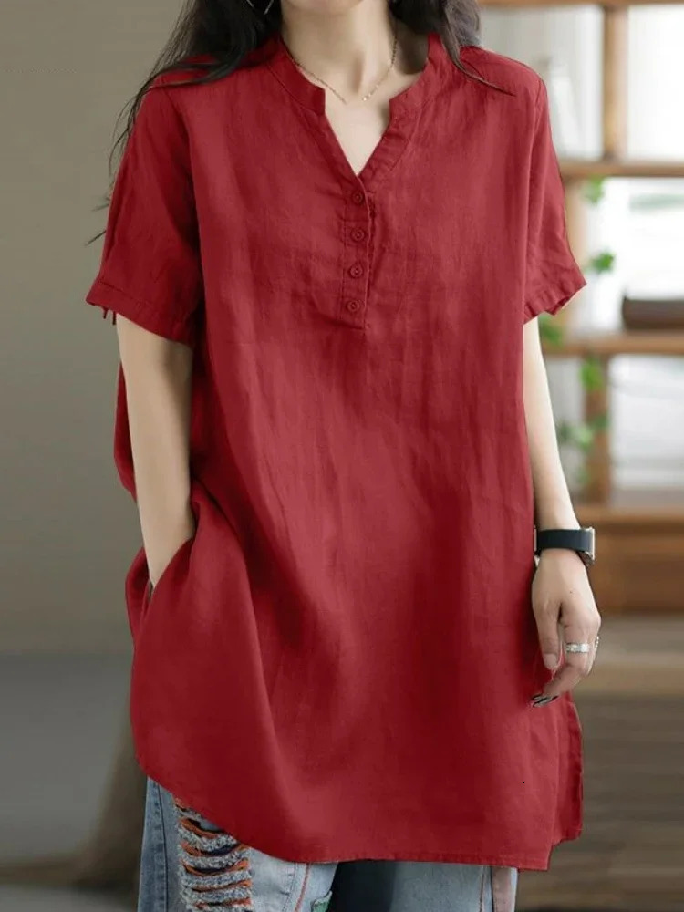 Summer Fashion Cotton and Hemp Womens Shirt Commuting Style Casual Half Open Short Sleeve Top 250311