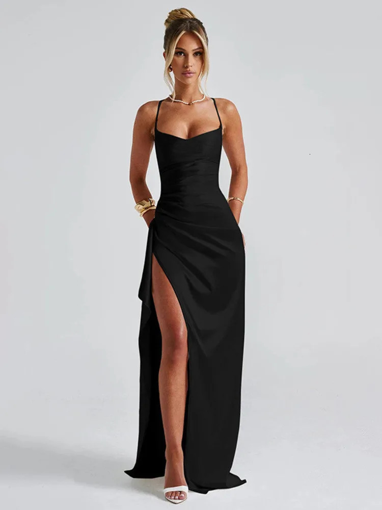 Mozision Italian spaghetti shoulder strap high split sexy long dress for women elegant satin high elasticity backless club party dress 250306