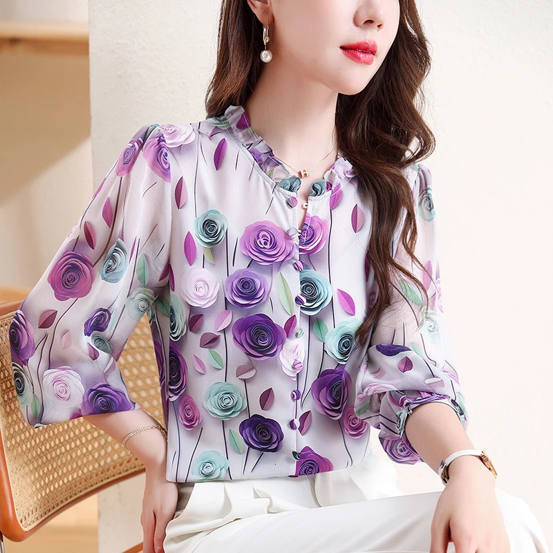 Fashionable 3D rose printed chiffon shirt for spring and summer floral with pleated collar 34 sleeves womens top 250311