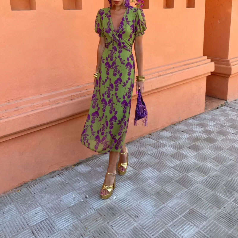 Women's 2025 Fashion Folded Printed Long Skirt Elegant Slimming V-Neck Short Sleeve Dress KLMY