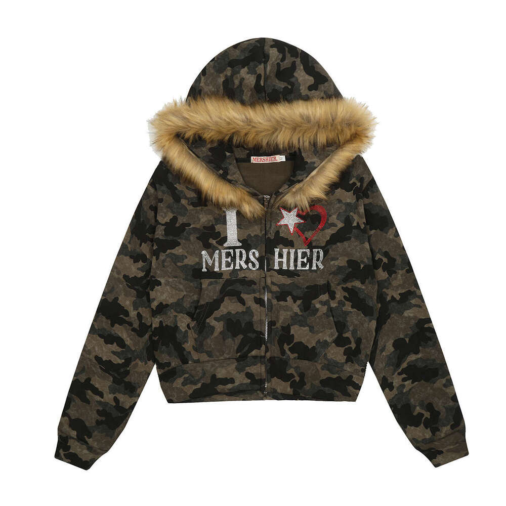 Jia Yi Ku Trendy Brand 2024 New American Hairy Collar Camouflage Hot Diamond Hoodie With Velvet Short Coat Cardigan Sweatshirt