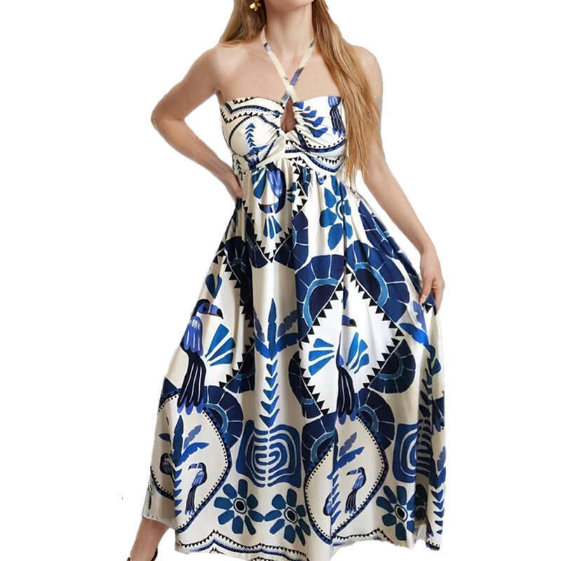 2025 Women's Elegant Printed Fashion Hollow Neck Strap Loose Spring Dress For Women KLMY