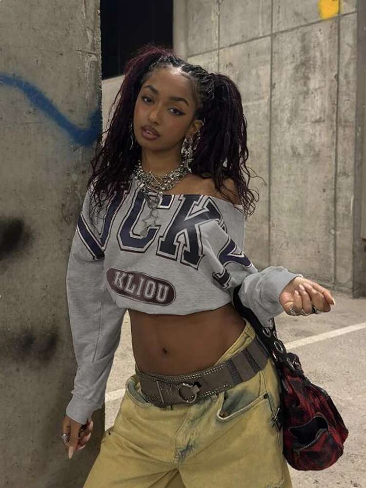 Nibber Letter Print Skew Collar Crop Women Tops Full Sleeve Spring Trend Casual Streetwear Wild Basic Sexy Cool Mini Tees