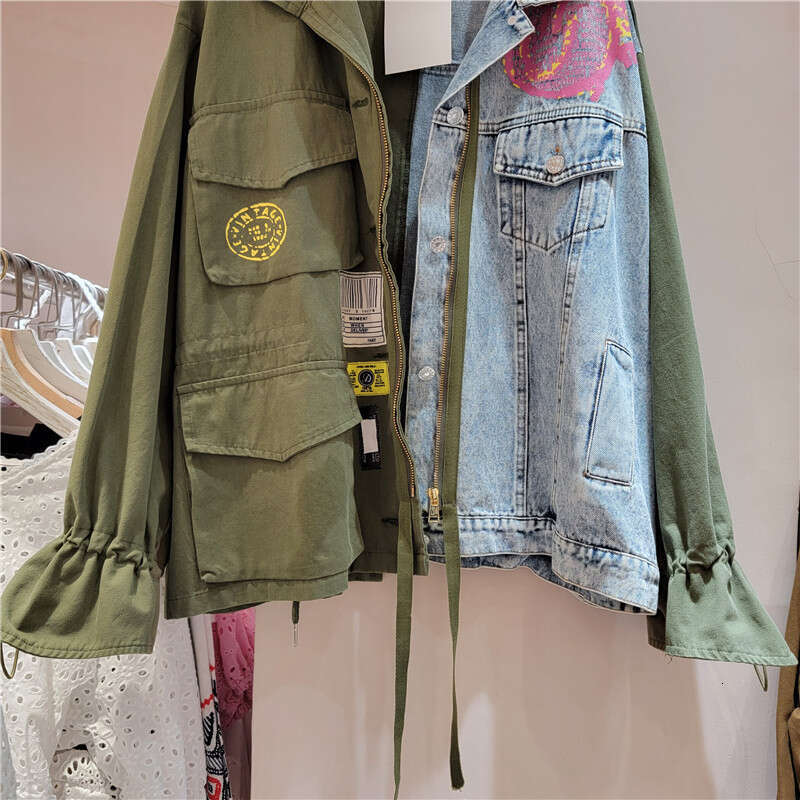 2023 Spring Autumn New Top Fashionable And Versatile Loose Splicing Color Contrasting Denim Coat For Women's Trendy School Season