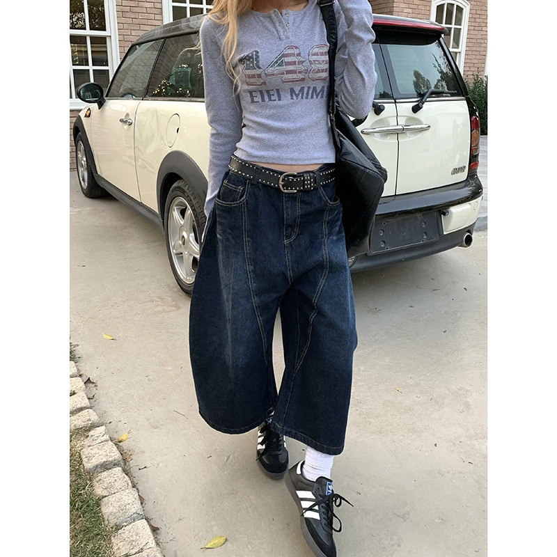 Blue Womens Jeans High Waist Vintage n Hip Hop Straight Baggy Denim Pants Street Y2K American Style Wide Leg Trouser 250311