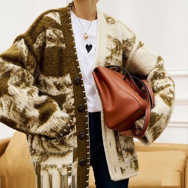 Australian Autumn Winter Totem Ethnic Style Knitted Cardigan, High-End Lazy Style, Loose And Medium Length Jacket