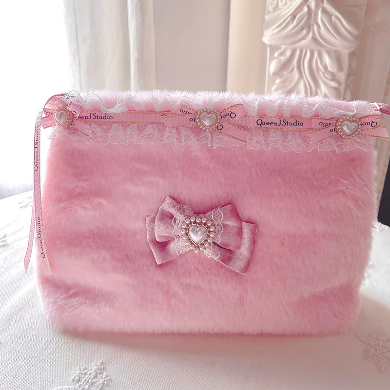 Japanese Sweet Cute Pink Handbag Womens Fashion Versatile Bow Chain Shoulder Bag Plush Cosmetic Bags Hair Accessories Hairpin 250311
