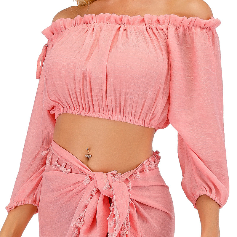 Beach Sexiness Pretend Strap One Shoulder Knitted Chest Wrapped Long Sleeve Bikini Hoodie