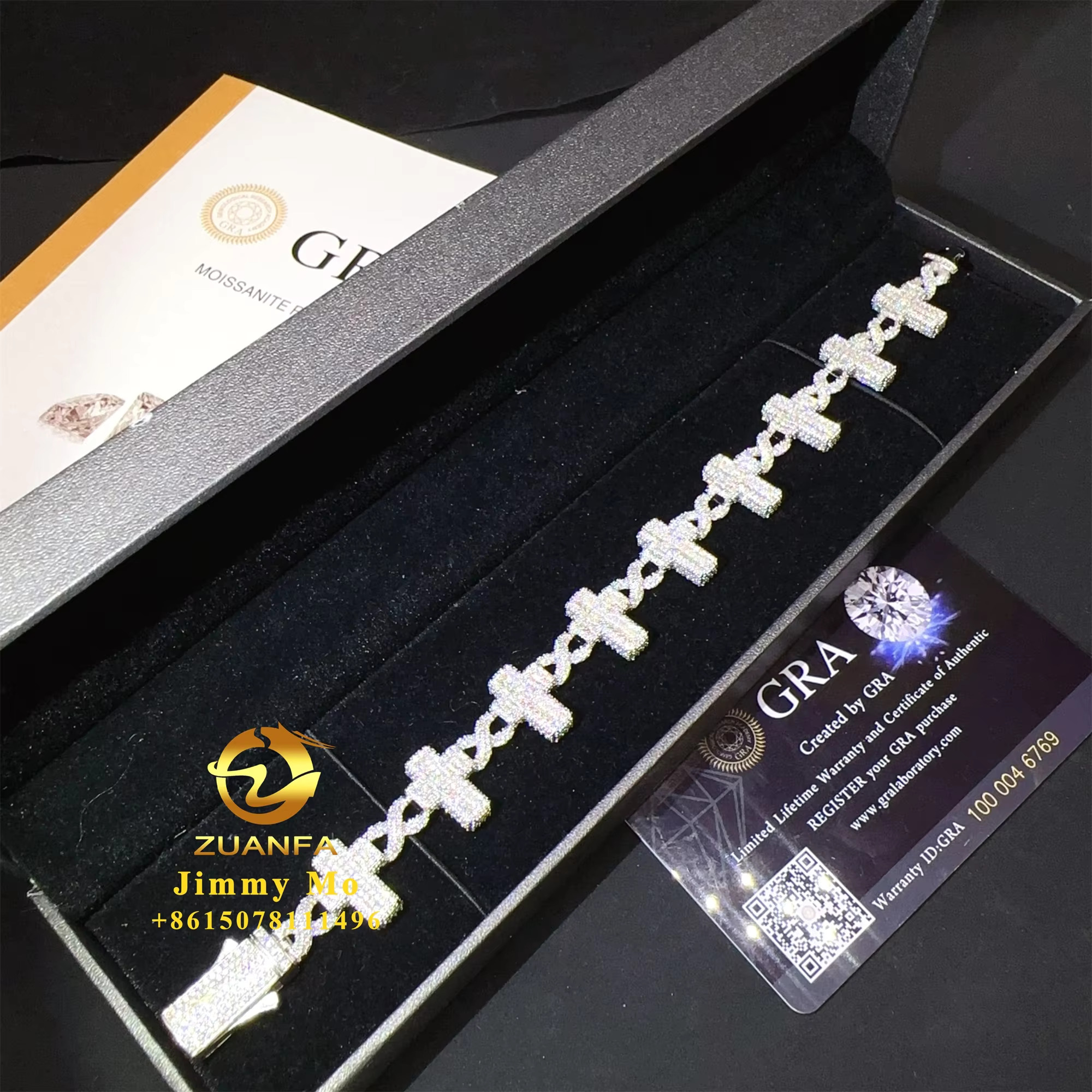 New Design 8mm-16mm Width 925 Solid Silver Iced Out Hip Hop Jewelry VVS1 Moissanite Diaomnd Cuban Link Chain Cross Bracelet Men