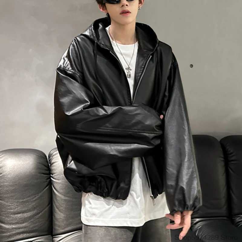 Oversized Vintage Loose Pu Leather Puff Sleeves Short Jacket Men Women Streetwear Male Zipper Retro Moto Biker Coat OutwearT250311