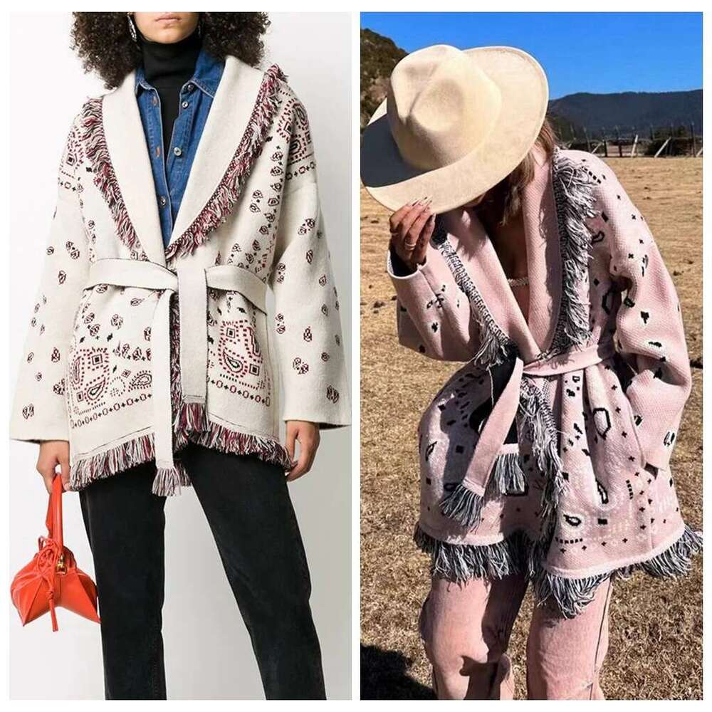 Australian Autumn And Winter Wool Jacquard Sweater Jacket, Niche Tassel Large Lapel Contrasting Mid Length Cardigan