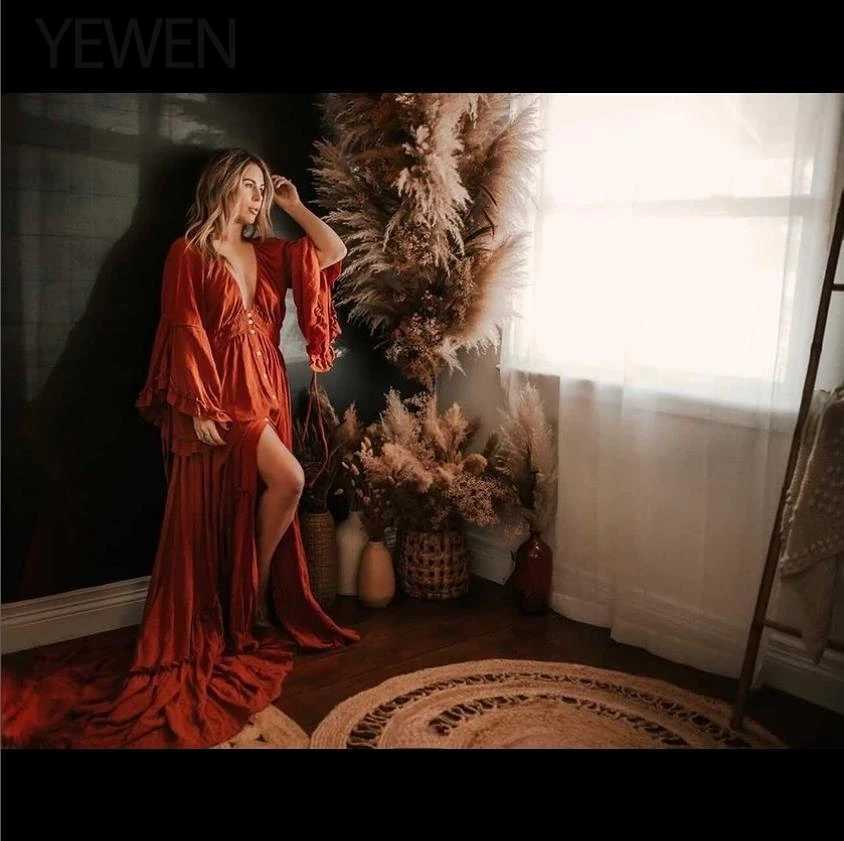 Deep V-neck long sleeved maternity outfit with front buckle and adjustable waist YEWEN YD211202 photo shoot X250224