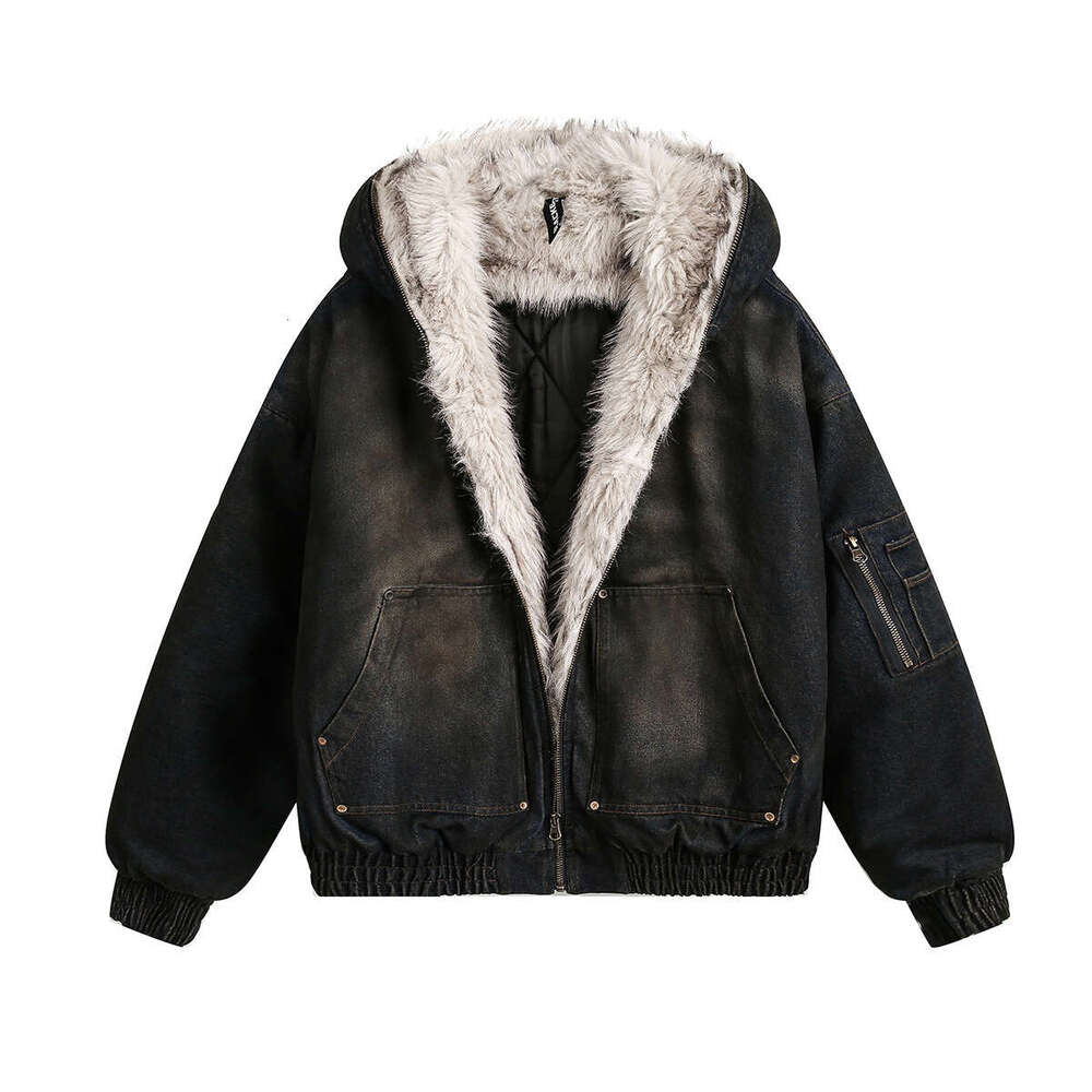 Jiayiku Men's 2024 New Winter Washed Denim With Velvet American Street Waste Soil Style Cotton Coat