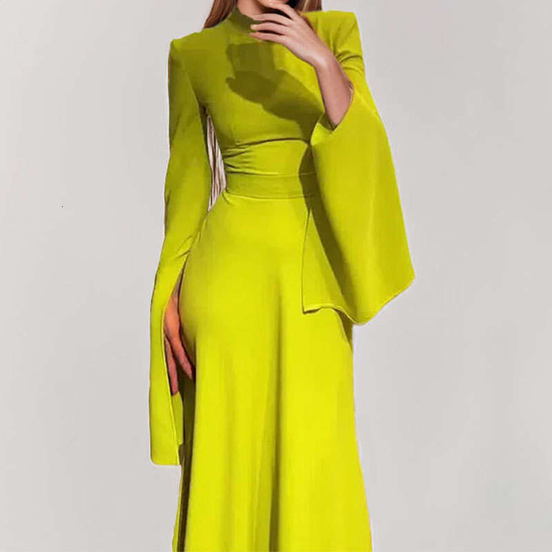 Women's 2025 Year New Style Elegant Solid Color Half High Collar Lotus Leaf Sleeve Dress KLMY
