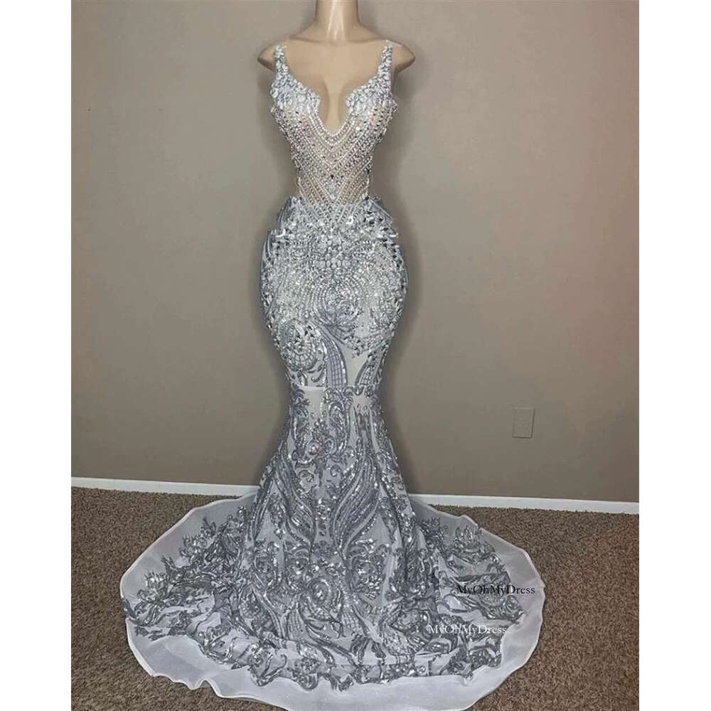 Sier Sheer Lace Dia Long Prom For Black Girls Birthday Party Dresses African Mermaid Evening Gown Robe De al0311
