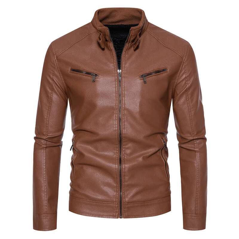 Men'sleather Spring And Autumn Outdoor Motorcycle Casual Men's Stand Up Collar Winter Thick Slim Fit Jacket