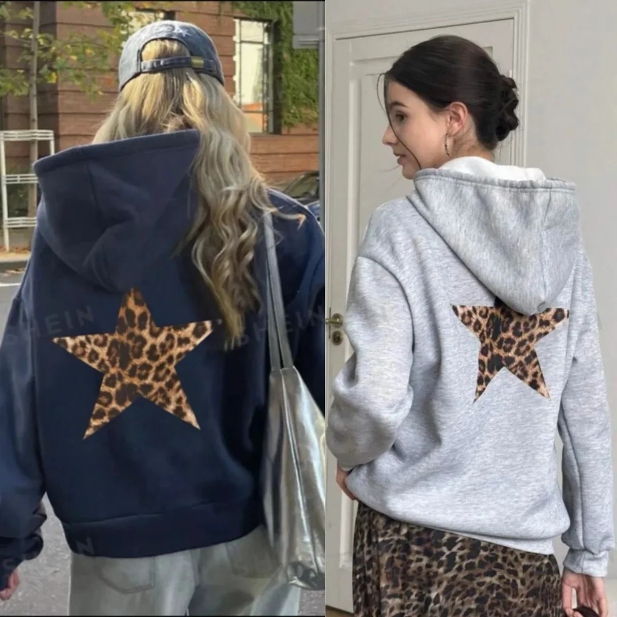2025 Women Oversized Fleece Hoodies Female Long Sleeve Hooded Sweatshirt with Pentagram Leopard Print Casual Loose Pullover 250311
