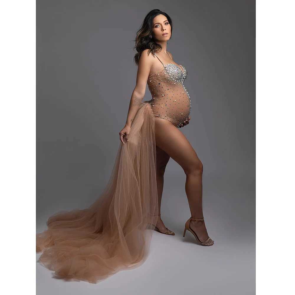 Sexy Maternity Dress Goddess V Neck Rhinestones Pearls Luxurious Stretch Jumpsuits Pregnancy Dress for Photo Shoot Props Clothes X250224