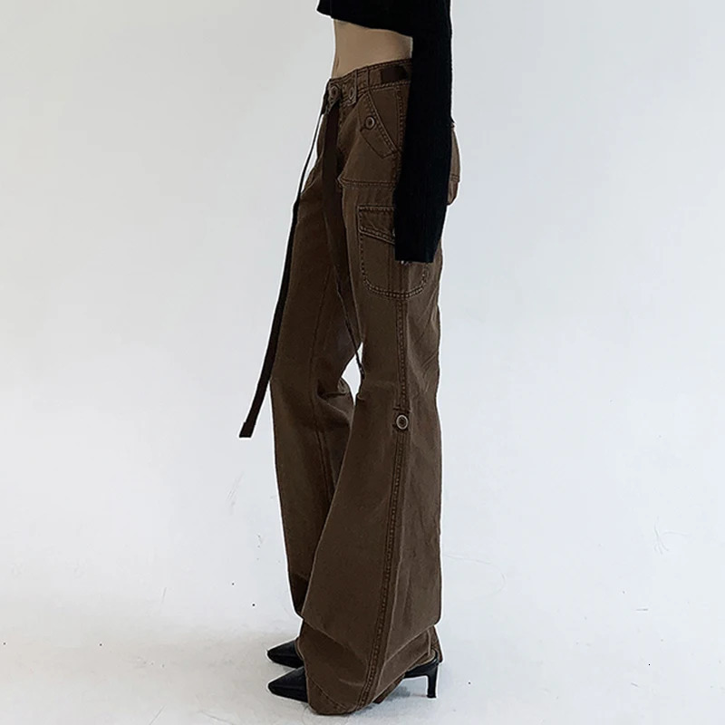 Rockmore Brown Low Rise Flare Jeans Suitable for Womens Street Clothing Y2K Aesthetic Product Retro Denim Trouser Grunge Fairycore 250311