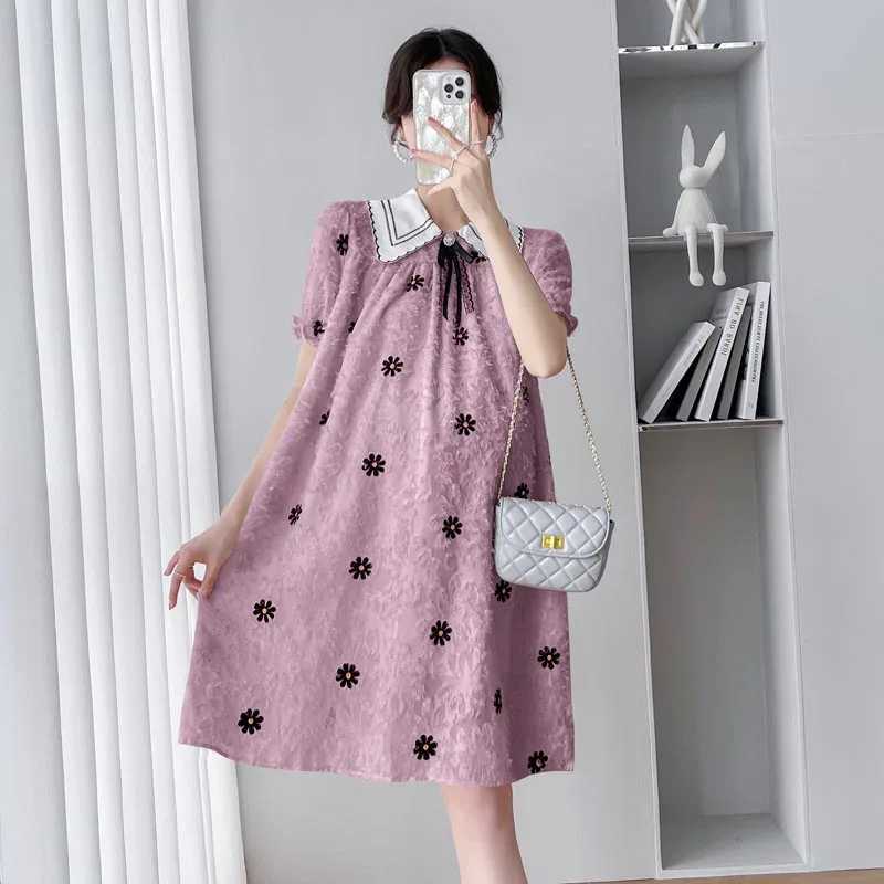Summer Korean Fashion Maternity Dress Beading Ruffle A Line Loose Clothes for Pregnant Women Sweet Pregnancy ClothingT250311