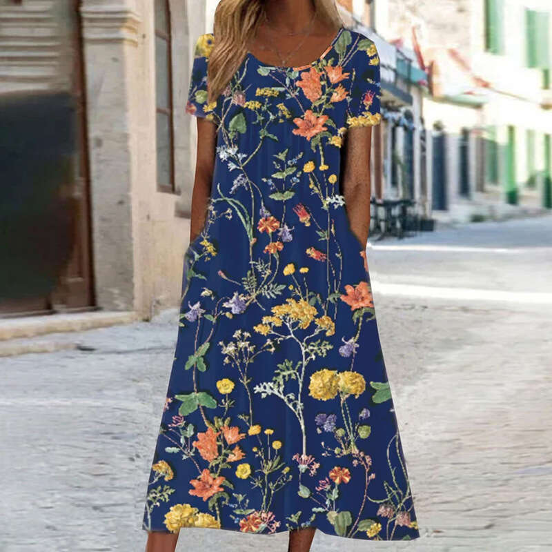 Factory direct sales of loose comfortable short sleeved printed dresses women's bohemian long dresses, with a versatile and trendy new style for 