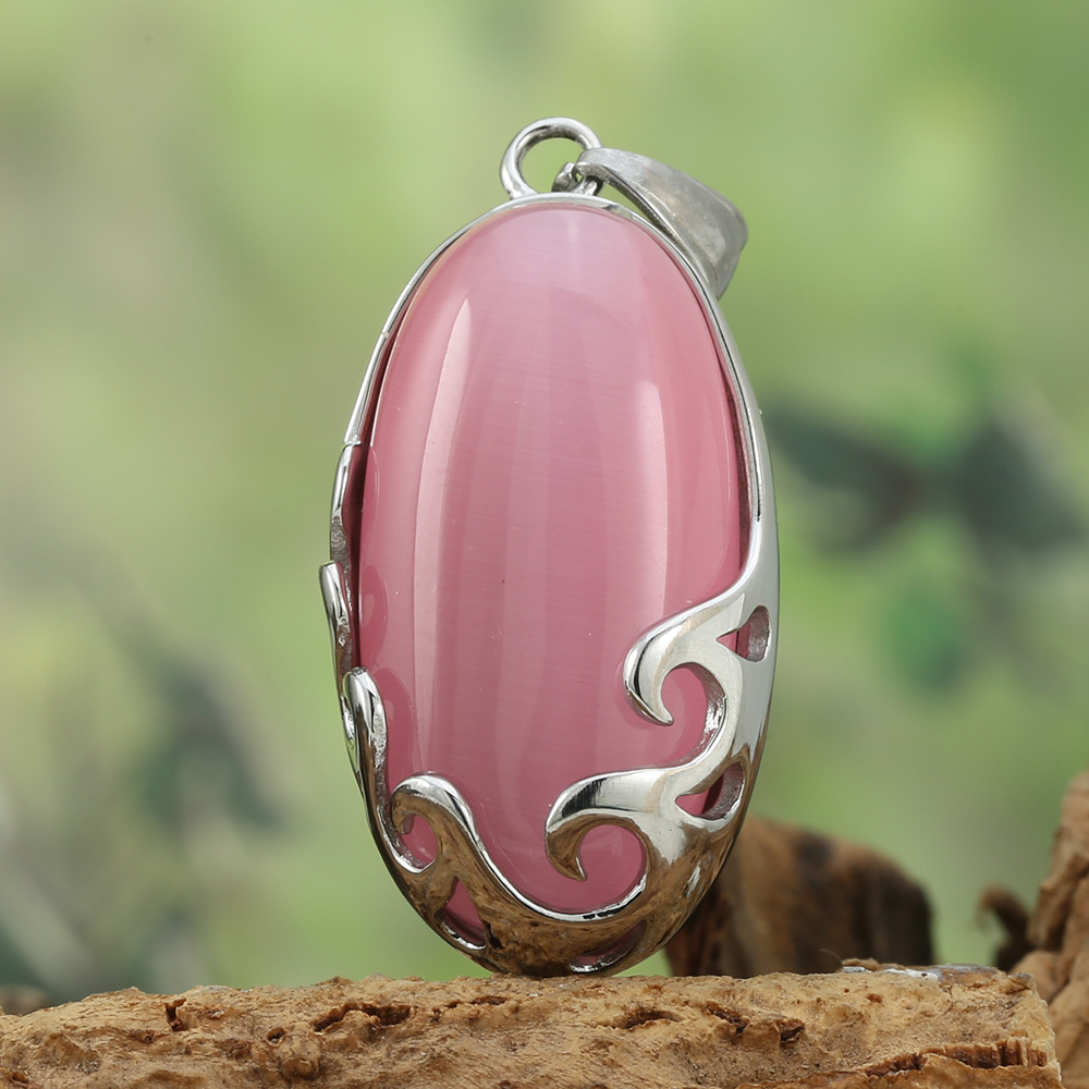 Fashion Stainless Steel Cat Eye Stone Egg Shaped Pendant Necklace Sweater Chain