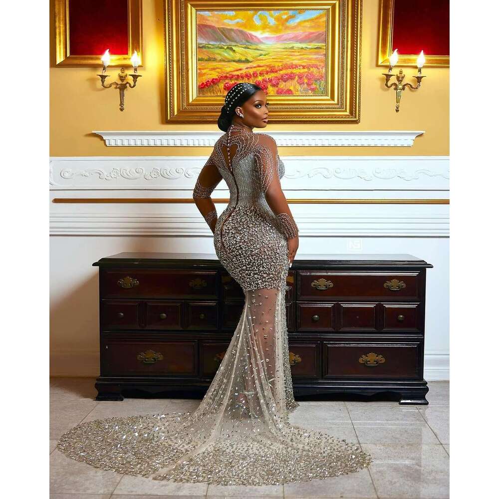 Exquisite Beaded Dresses, High Collar, Long Sleeve, Crystal Rhinestone, Wedding Dress, African, Arabic, Custom, Plus Size
