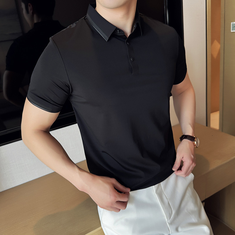 Non marking pressure glue free short sleeved polo shirt business high-end men's clothing, ice silk drape high elasticity nylon ammonia T-shirt fo
