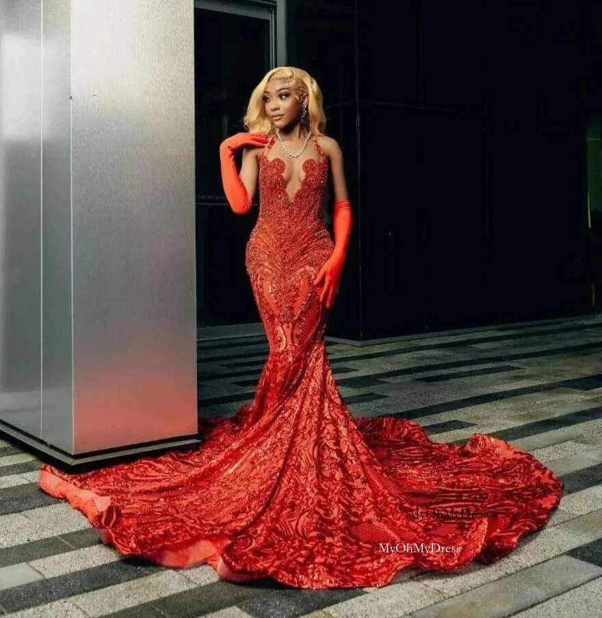 Sparkly Long Prom Dress For Black Girls Mermaid Sheer Crystals Birthday Party Dresses Elegant Evening Gown Customized al0311