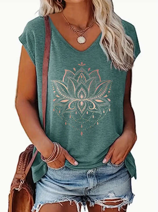 Large Size Short Sleeved V-neck Printed Loose Solid Color Urban Casual Pullover T-shirt for Women Graphic T Shirts Womens T Shirt Clothes