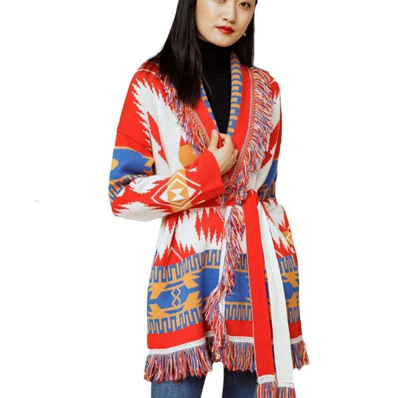 Bohemian Jacquard Cardigan Fashion Tassel Cashmere Sweater Large Collar Medium Length Knitted Jacket