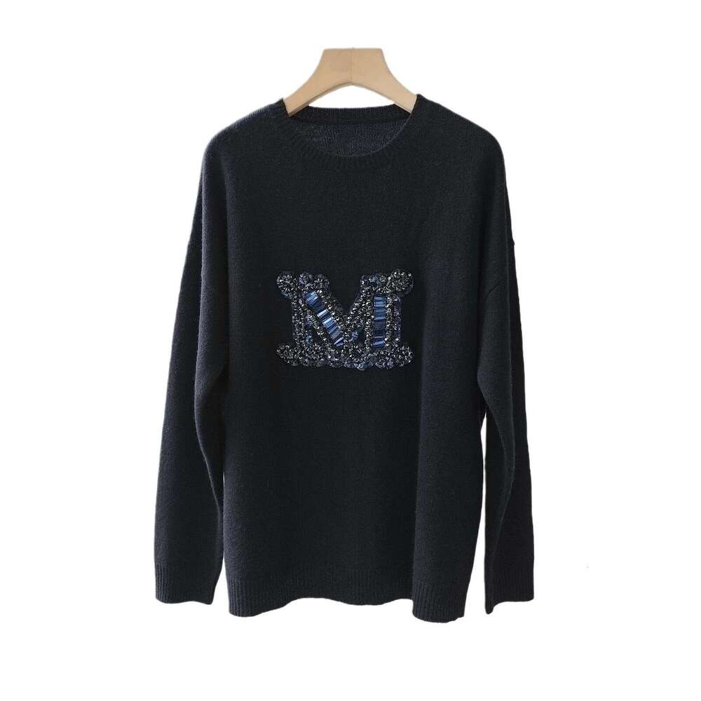 24 Year Autumn And Winter Handmade Embroidery Nail Bead Large M Letter Cashmere Women's Round Neck Long Sleeved Knitted Pullover Sweater