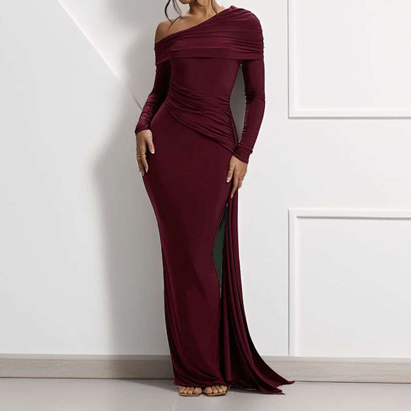 Women's 2025 Spring New Fashionable And Sexy Slant Shoulder Strap, Shrink Fold, Slim Fit, Hip Wrapping Dress KLMY