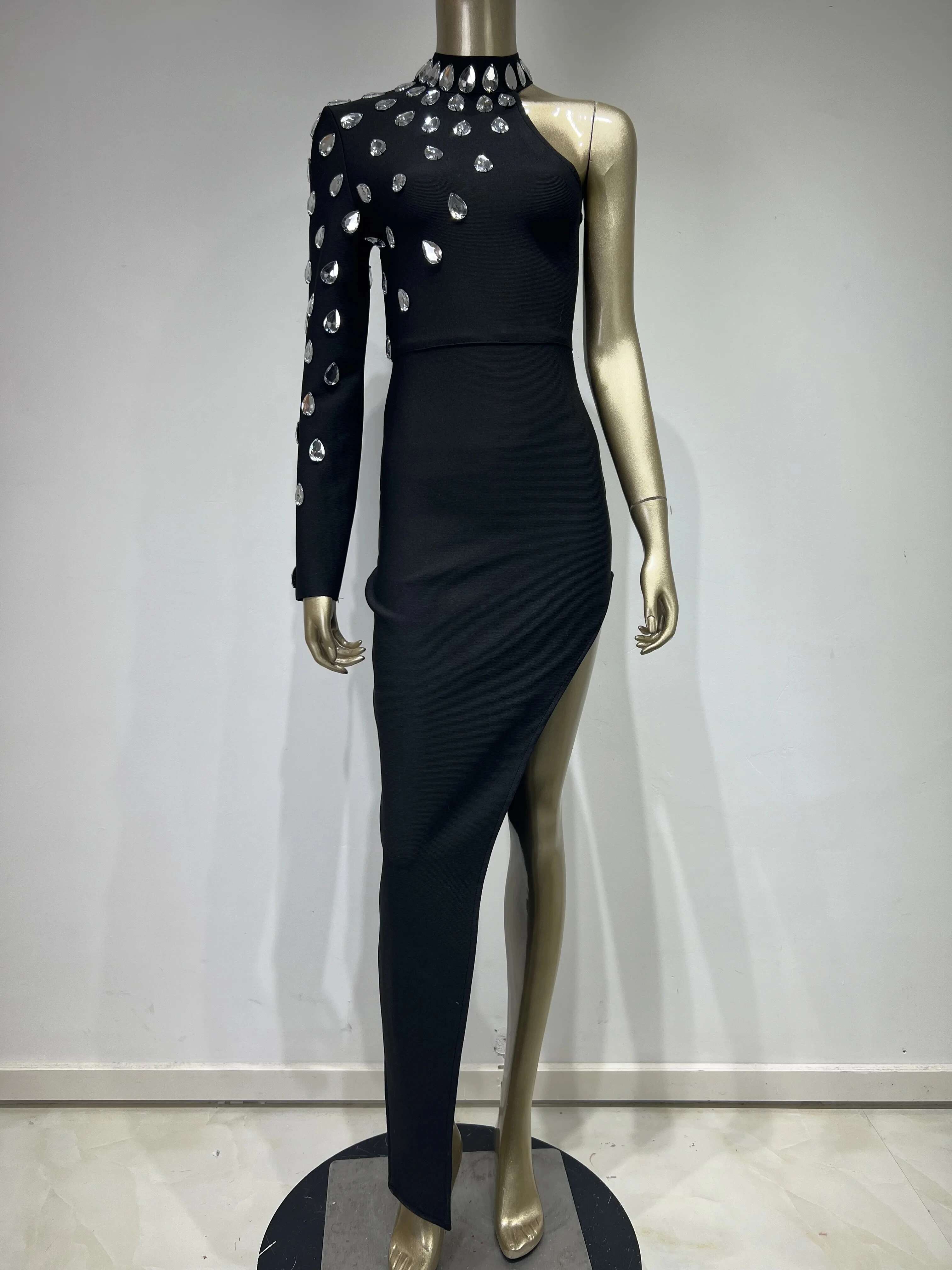 Women Celebrity Sexy Single Sleeve Rhie Black Maxi Long Bodycon Bandage 2023 Elegant Evening Club Party Dress